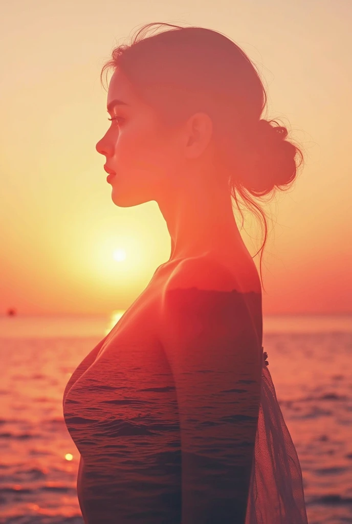 high quality,8k ultra high definition,美丽的Doubleexposure,Combining the silhouette of the goddess with the sunset coast, sunset coast should be used as the bottom background,Details are integrated into the silhouette of the goddess,Clear lines,The background is a monochromatic ,Focus sharp,Doubleexposure,Created by yukisakura,Gorgeous full color