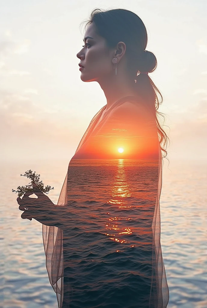 high quality,8k ultra high definition,美丽的Doubleexposure,Combining the silhouette of the goddess with the sunset coast, sunset coast should be used as the bottom background,Details are integrated into the silhouette of the goddess,Clear lines,The background is a monochromatic ,Focus sharp,Doubleexposure,Created by yukisakura,Gorgeous full color
