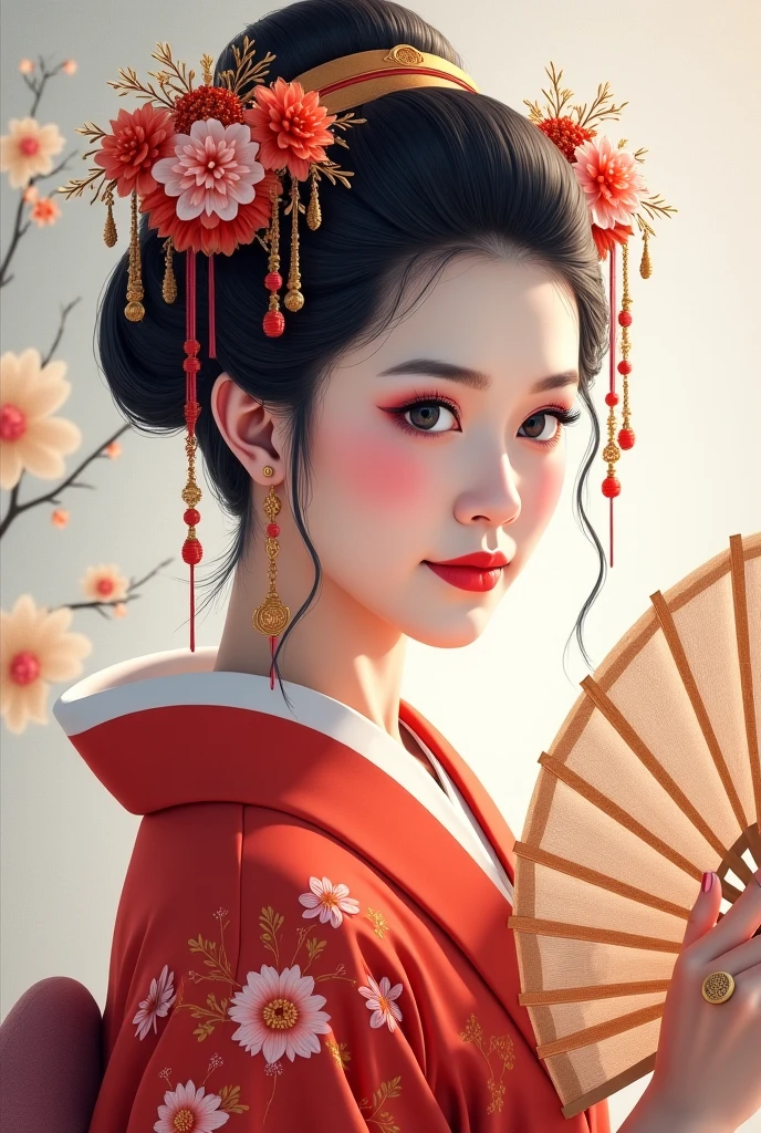 Hand held fan、Araf Woman Wearing a Wreath, Beautiful digital illustration, Fine art illustration, Stunning digital illustrations, Beautiful Digital Artwork, Inspired by Yoon Doo-ri, Digital illustration style, chinese empress, geisha portraits, beautiful fantasy empress, Beautiful digital illustration, Portrait of a beautiful geisha, geisha portraits