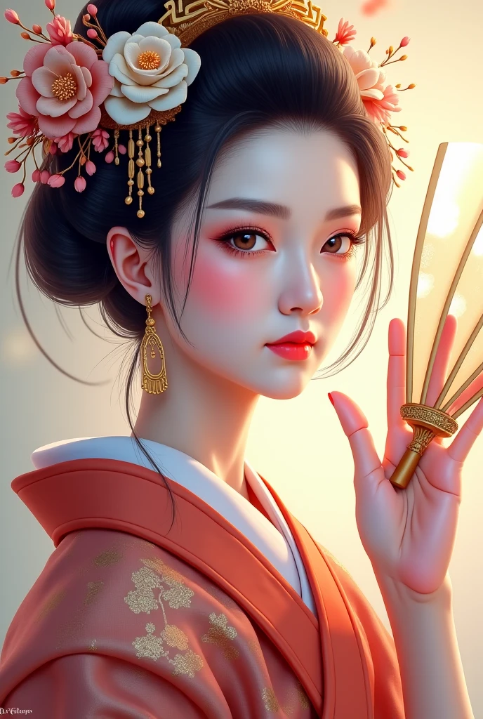 Hand held fan、Araf Woman Wearing a Wreath, Beautiful digital illustration, Fine art illustration, Stunning digital illustrations, Beautiful Digital Artwork, Inspired by Yoon Doo-ri, Digital illustration style, chinese empress, geisha portraits, beautiful fantasy empress, Beautiful digital illustration, Portrait of a beautiful geisha, geisha portraits