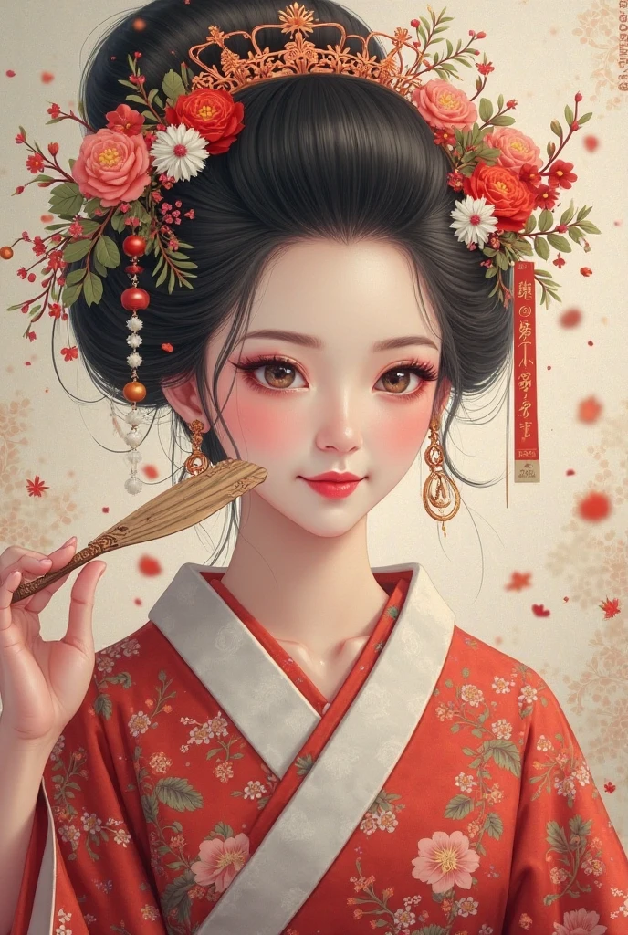 Hand held fan、Araf Woman Wearing a Wreath, Beautiful digital illustration, Fine art illustration, Stunning digital illustrations, Beautiful Digital Artwork, Inspired by Yoon Doo-ri, Digital illustration style, chinese empress, geisha portraits, beautiful fantasy empress, Beautiful digital illustration, Portrait of a beautiful geisha, geisha portraits