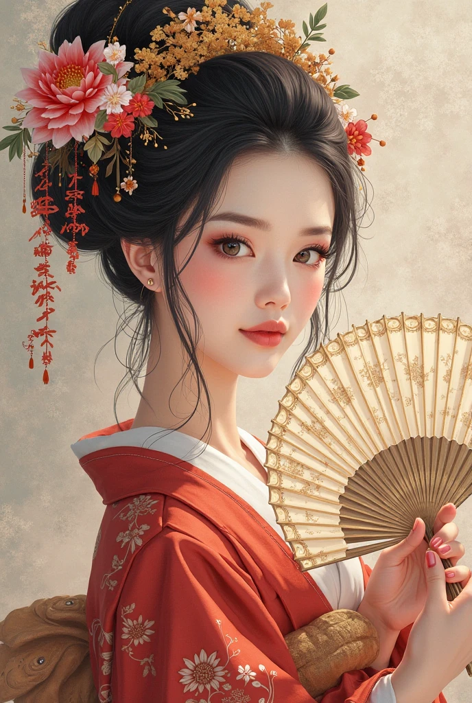 Hand held fan、Araf Woman Wearing a Wreath, Beautiful digital illustration, Fine art illustration, Stunning digital illustrations, Beautiful Digital Artwork, Inspired by Yoon Doo-ri, Digital illustration style, chinese empress, geisha portraits, beautiful fantasy empress, Beautiful digital illustration, Portrait of a beautiful geisha, geisha portraits