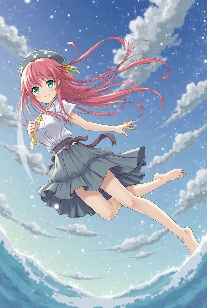 1.5),(1 girl ),(Dynamic posture),(multicoloRed hair +silber hair:1.3+Red hair :1.2+purple hair+Yellow hair:1.3+Green hair:1.3),(Blue Eyes),(Neck strap),(floating),(clouds),(too many drops of water),(evening),(aquarelle),(wide wide shot)