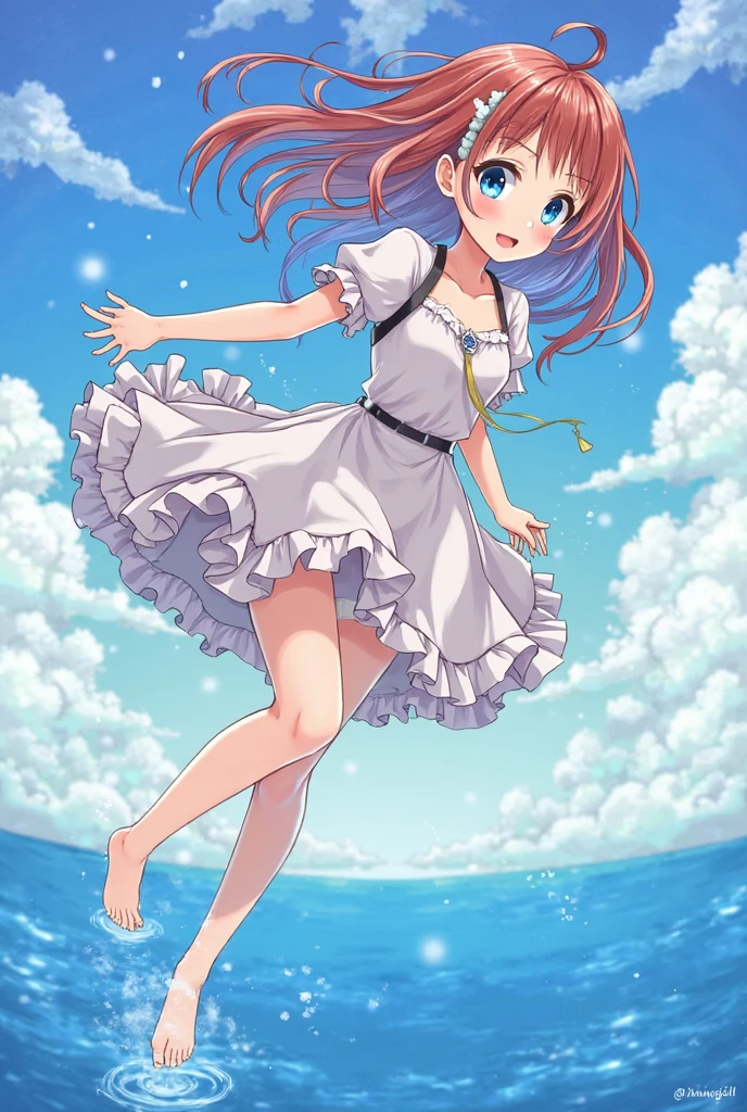 1.5),(1 girl ),(Dynamic posture),(multicoloRed hair +silber hair:1.3+Red hair :1.2+purple hair+Yellow hair:1.3+Green hair:1.3),(Blue Eyes),(Neck strap),(floating),(clouds),(too many drops of water),(evening),(aquarelle),(wide wide shot)