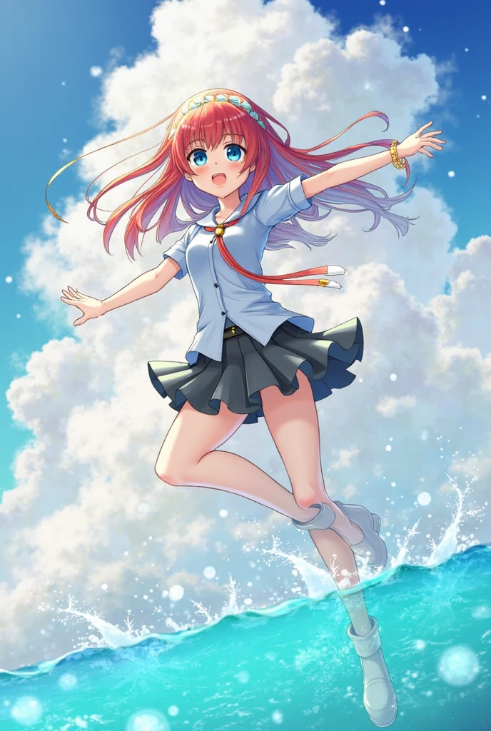 1.5),(1 girl ),(Dynamic posture),(multicoloRed hair +silber hair:1.3+Red hair :1.2+purple hair+Yellow hair:1.3+Green hair:1.3),(Blue Eyes),(Neck strap),(floating),(clouds),(too many drops of water),(evening),(aquarelle),(wide wide shot)