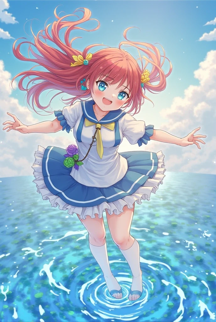1.5),(1 girl ),(Dynamic posture),(multicoloRed hair +silber hair:1.3+Red hair :1.2+purple hair+Yellow hair:1.3+Green hair:1.3),(Blue Eyes),(Neck strap),(floating),(clouds),(too many drops of water),(evening),(aquarelle),(wide wide shot)