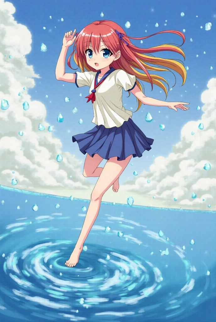 1.5),(1 girl ),(Dynamic posture),(multicoloRed hair +silber hair:1.3+Red hair :1.2+purple hair+Yellow hair:1.3+Green hair:1.3),(Blue Eyes),(Neck strap),(floating),(clouds),(too many drops of water),(evening),(aquarelle),(wide wide shot)