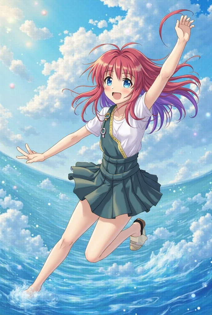 1.5),(1 girl ),(Dynamic posture),(multicoloRed hair +silber hair:1.3+Red hair :1.2+purple hair+Yellow hair:1.3+Green hair:1.3),(Blue Eyes),(Neck strap),(floating),(​​clouds),(too many drops of water),(evening),(aquarelle),(wide wide shot)