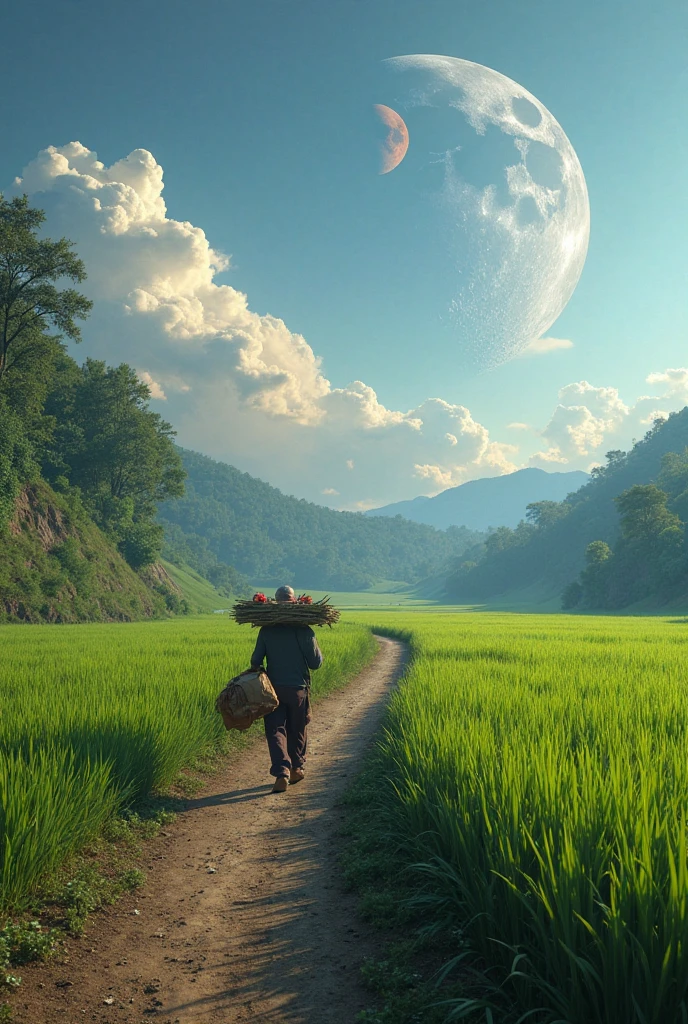 old farmer carrying flat goods, walking along winding path in zona rural, large moon, Jupiter reflection, large clouds, blue sky, Rice field, Neat rice seedlings in the field, ln the forest, hillside, secluded, zona rural, high definition detail, Ultra detailed, cinematic ligh, surrealism, soft lighting, depth blurred depth of field, ray tracing, surrealism. --v6