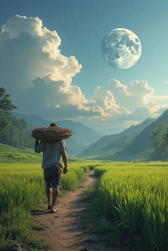 old farmer carrying flat goods, walking along winding path in zona rural, large moon, Jupiter reflection, large clouds, blue sky, Rice field, Neat rice seedlings in the field, ln the forest, hillside, secluded, zona rural, high definition detail, Ultra detailed, cinematic ligh, surrealism, soft lighting, depth blurred depth of field, ray tracing, surrealism. --v6