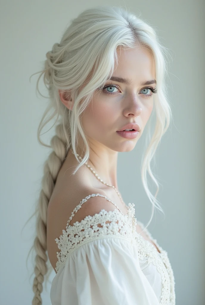 Excellent, masterpiece, white the hair, Blue Eyes, White clothes, upper body, the hair, fair skin , SideBraid, best quality