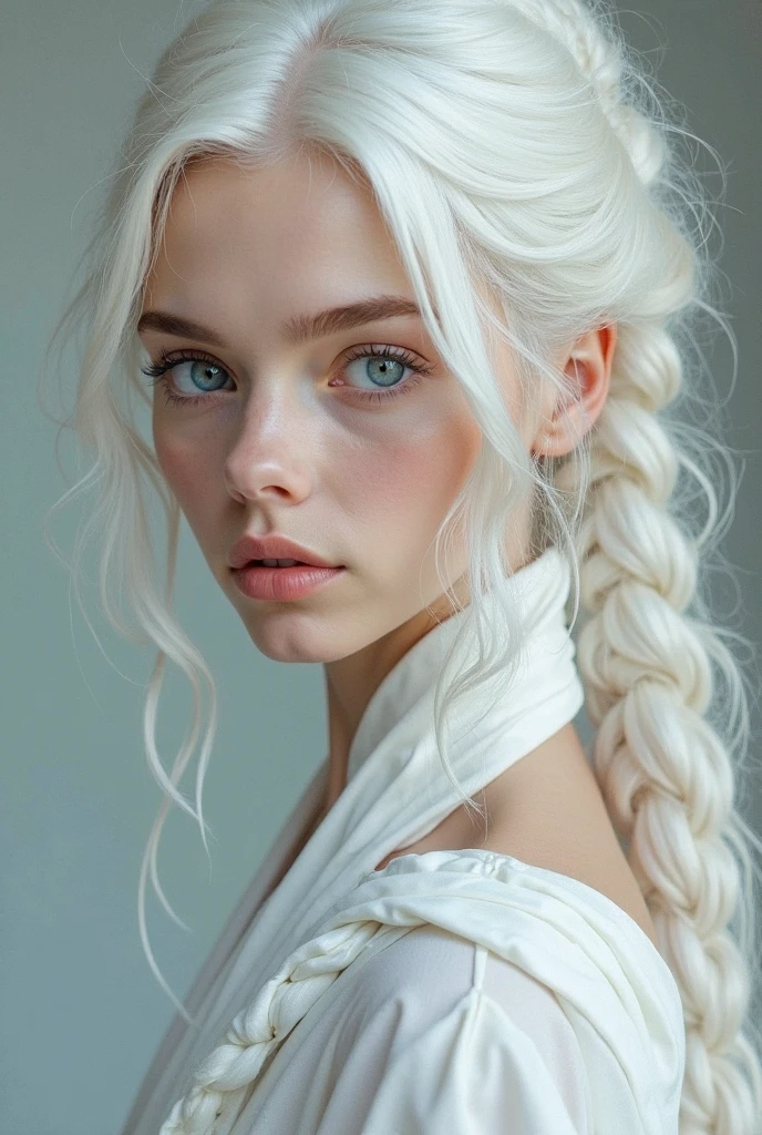 Excellent, masterpiece, white the hair, Blue Eyes, White clothes, upper body, the hair, fair skin , SideBraid, best quality