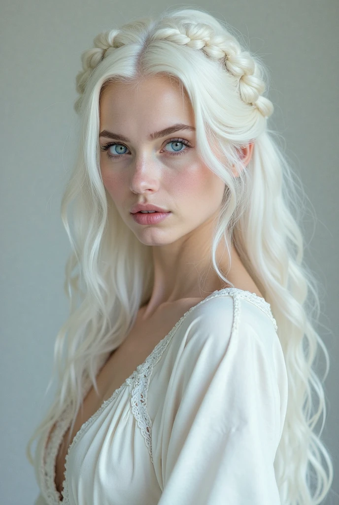 Excellent, masterpiece, white the hair, Blue Eyes, White clothes, upper body, the hair, fair skin , SideBraid, best quality