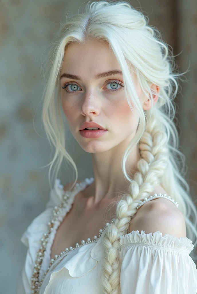 Excellent, masterpiece, white the hair, Blue Eyes, White clothes, upper body, the hair, fair skin , SideBraid, best quality