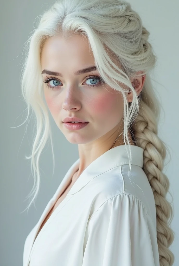Excellent, masterpiece, white the hair, Blue Eyes, White clothes, upper body, the hair, fair skin , SideBraid, best quality