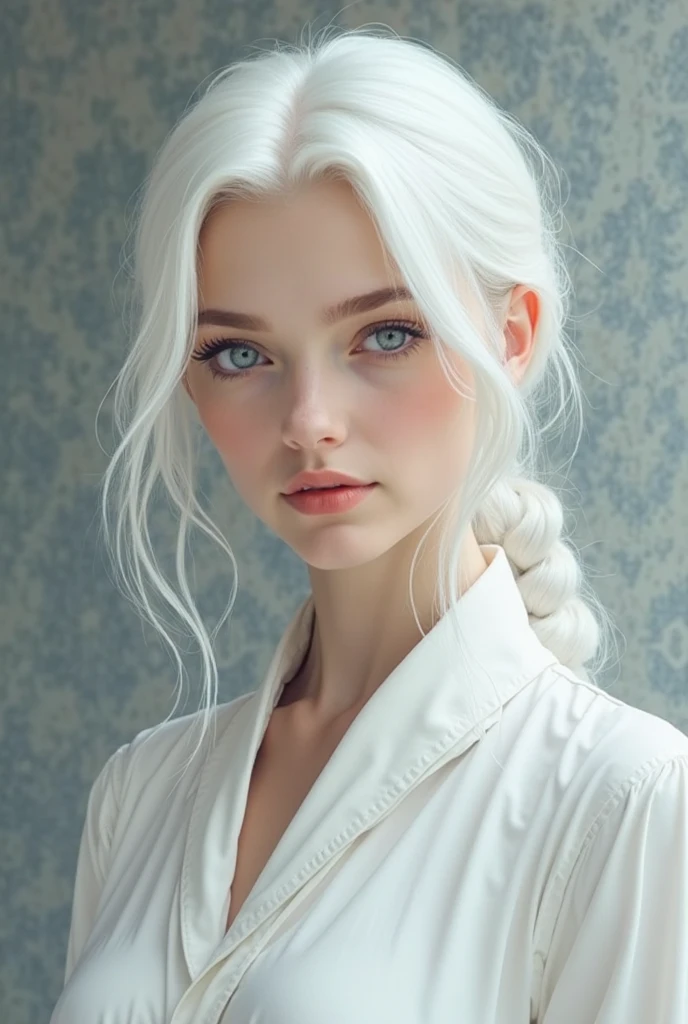 Excellent, masterpiece, white the hair, Blue Eyes, White clothes, upper body, the hair, fair skin , SideBraid, best quality