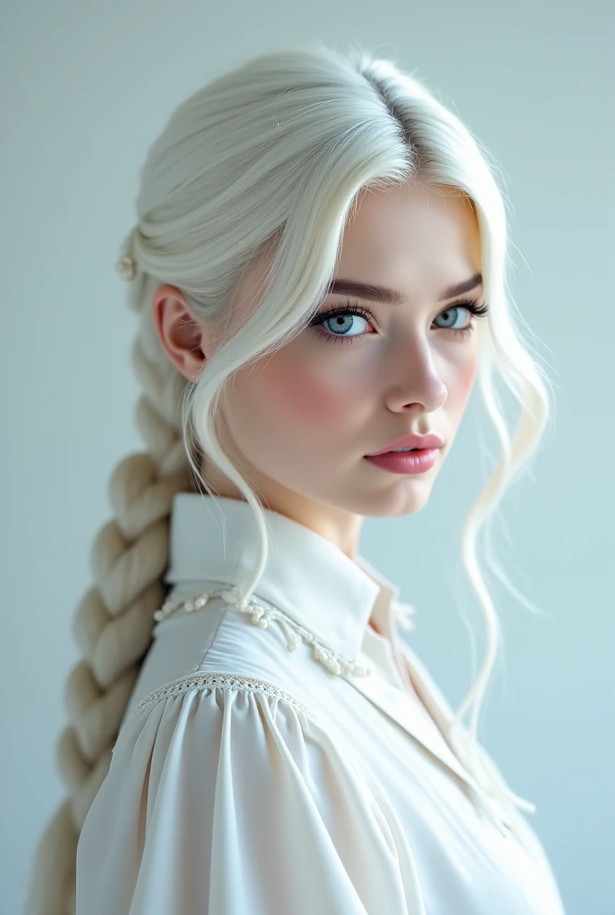Excellent, masterpiece, white the hair, Blue Eyes, White clothes, upper body, the hair, fair skin , SideBraid, best quality