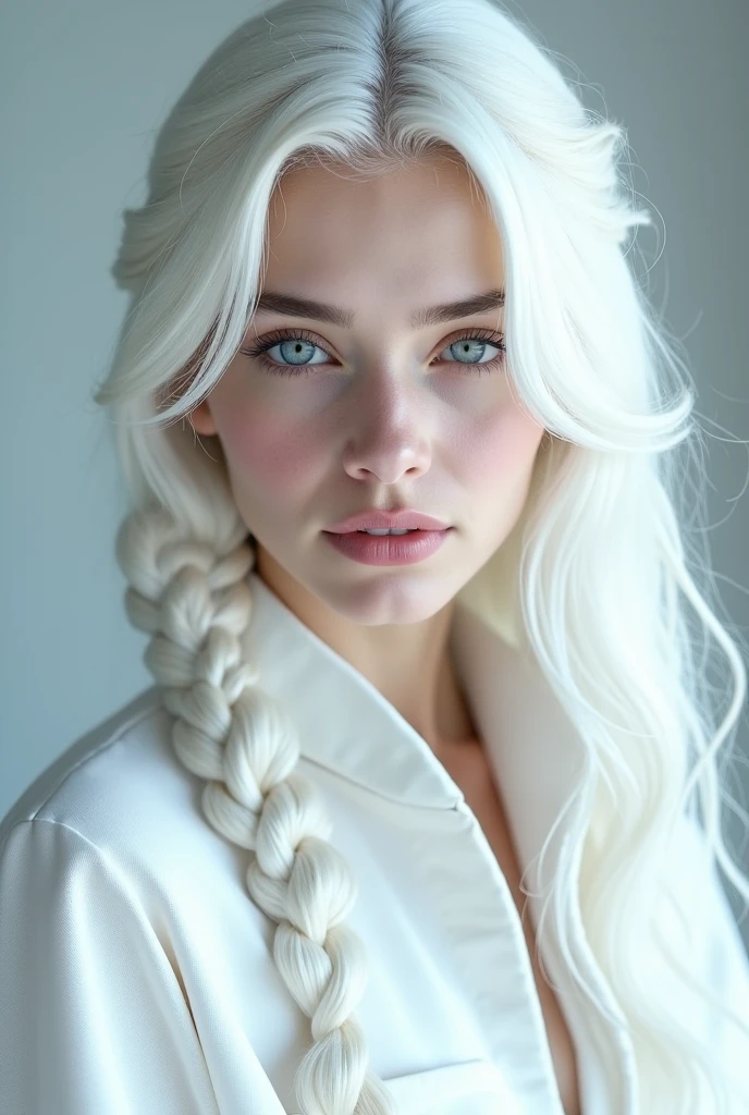 Excellent, masterpiece, white the hair, Blue Eyes, White clothes, upper body, the hair, fair skin , SideBraid, best quality