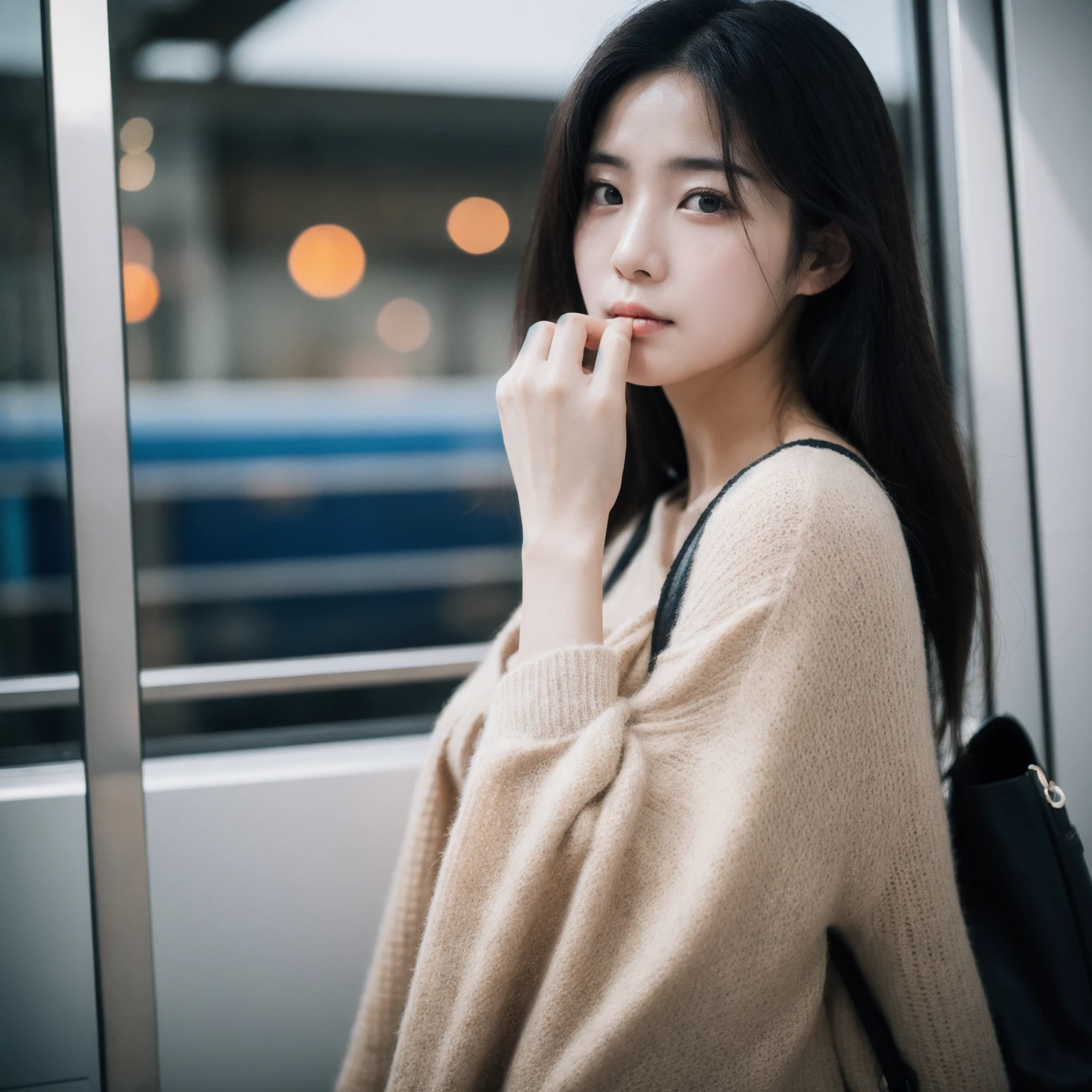 Cinematic Photo of a beautiful korean fashion model bokeh train