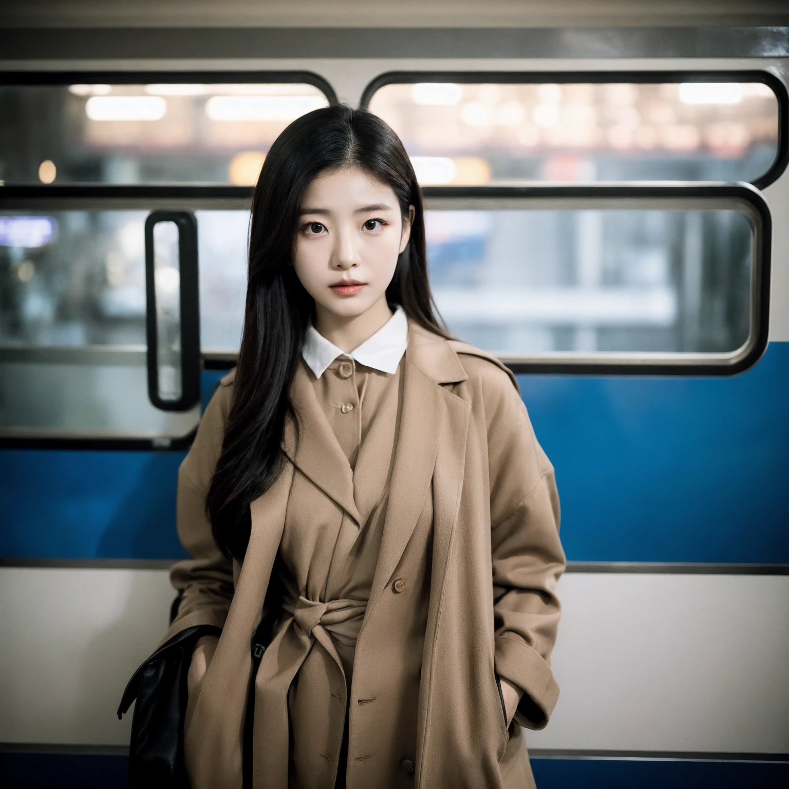 Cinematic Photo of a beautiful korean fashion model bokeh train