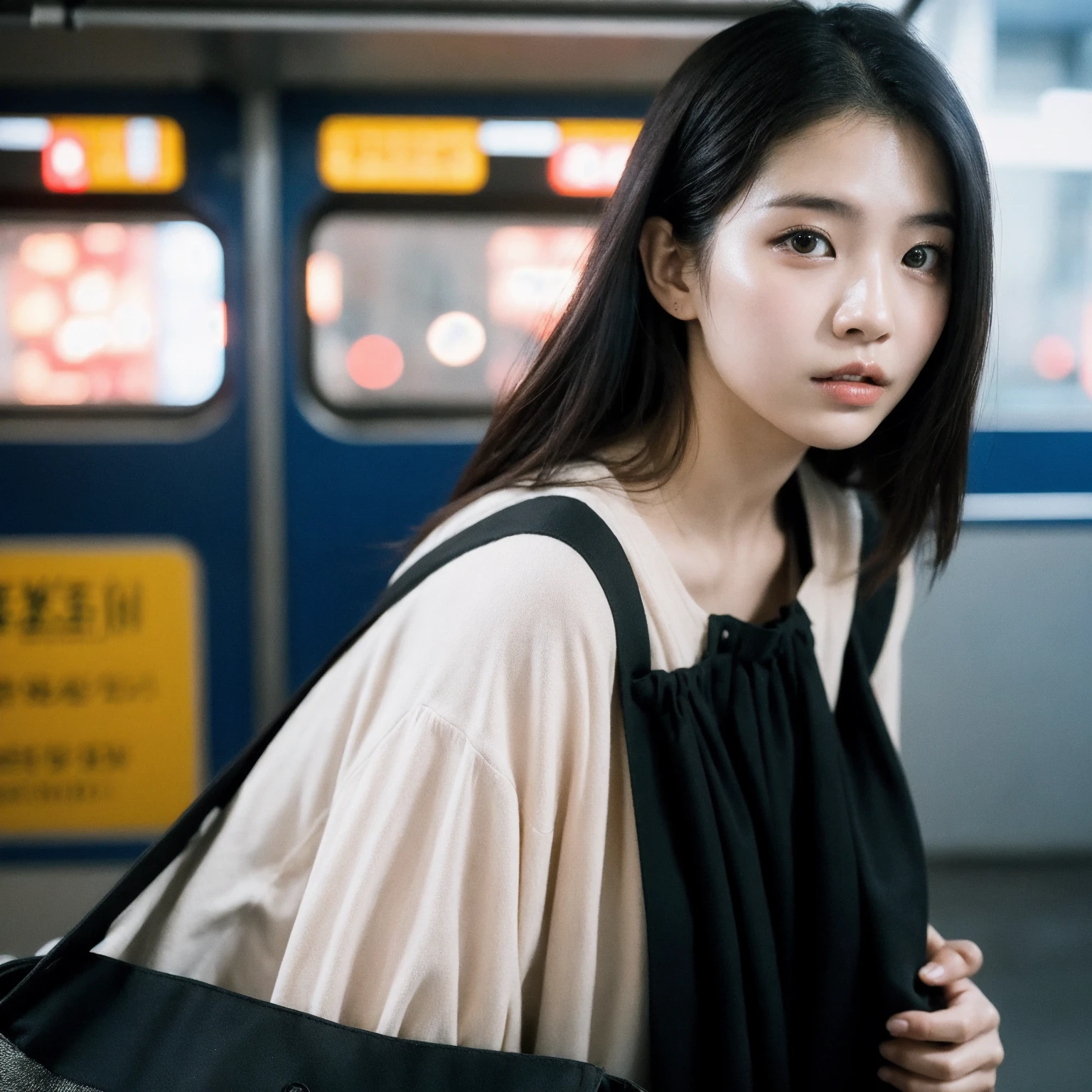 Cinematic Photo of a beautiful korean fashion model bokeh train