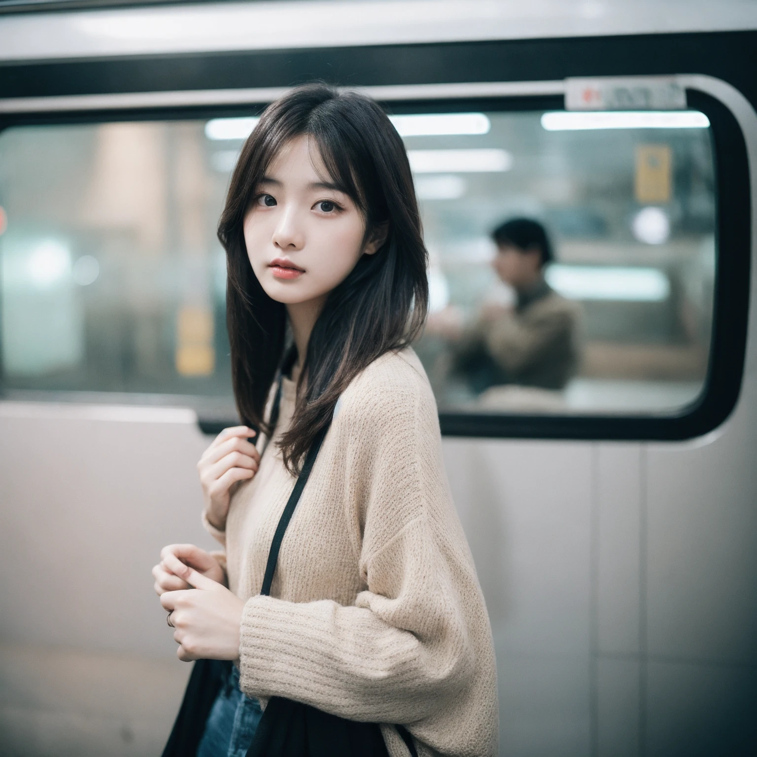 Cinematic Photo of a beautiful korean fashion model bokeh train