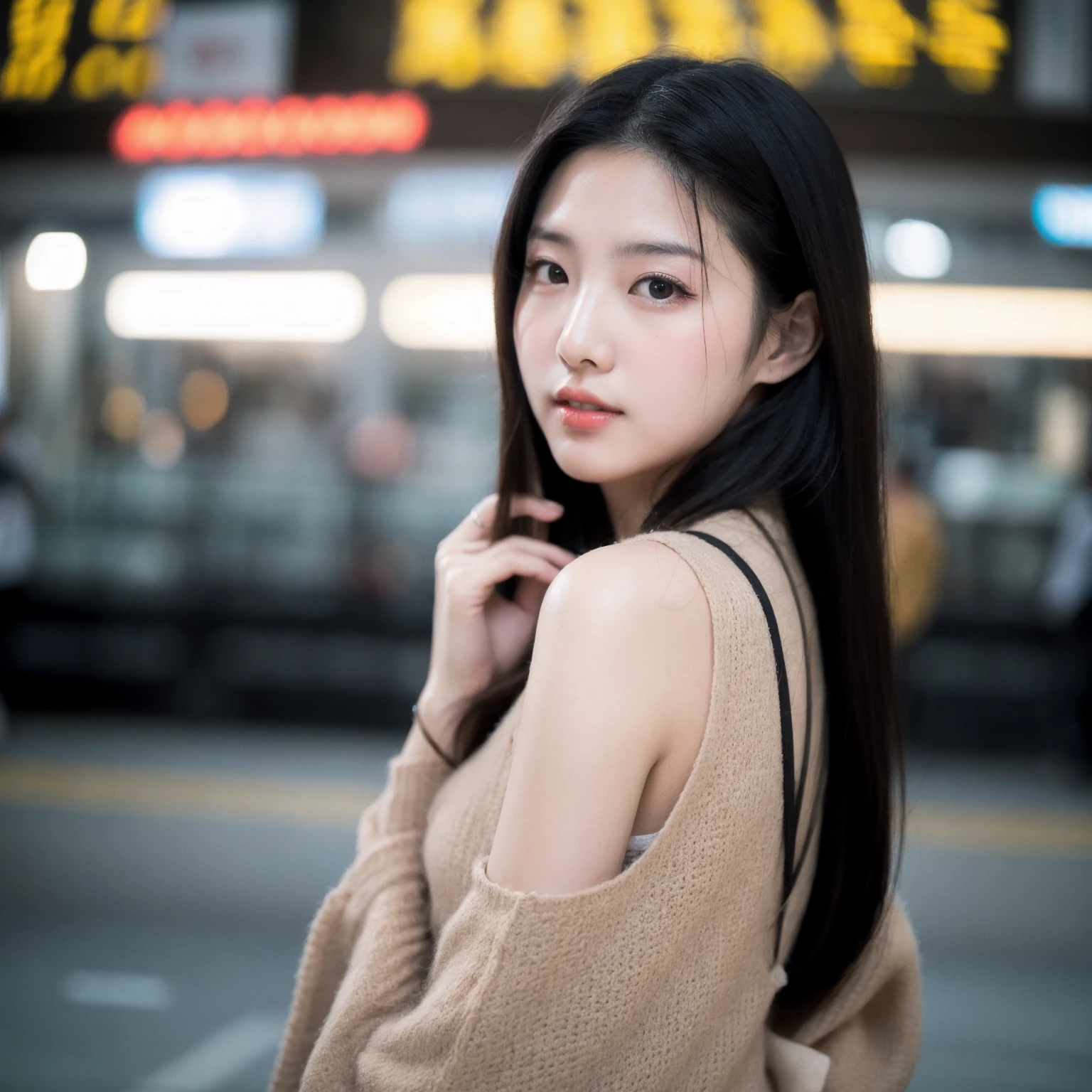 Beautiful Korean fashion model photo bokeh train