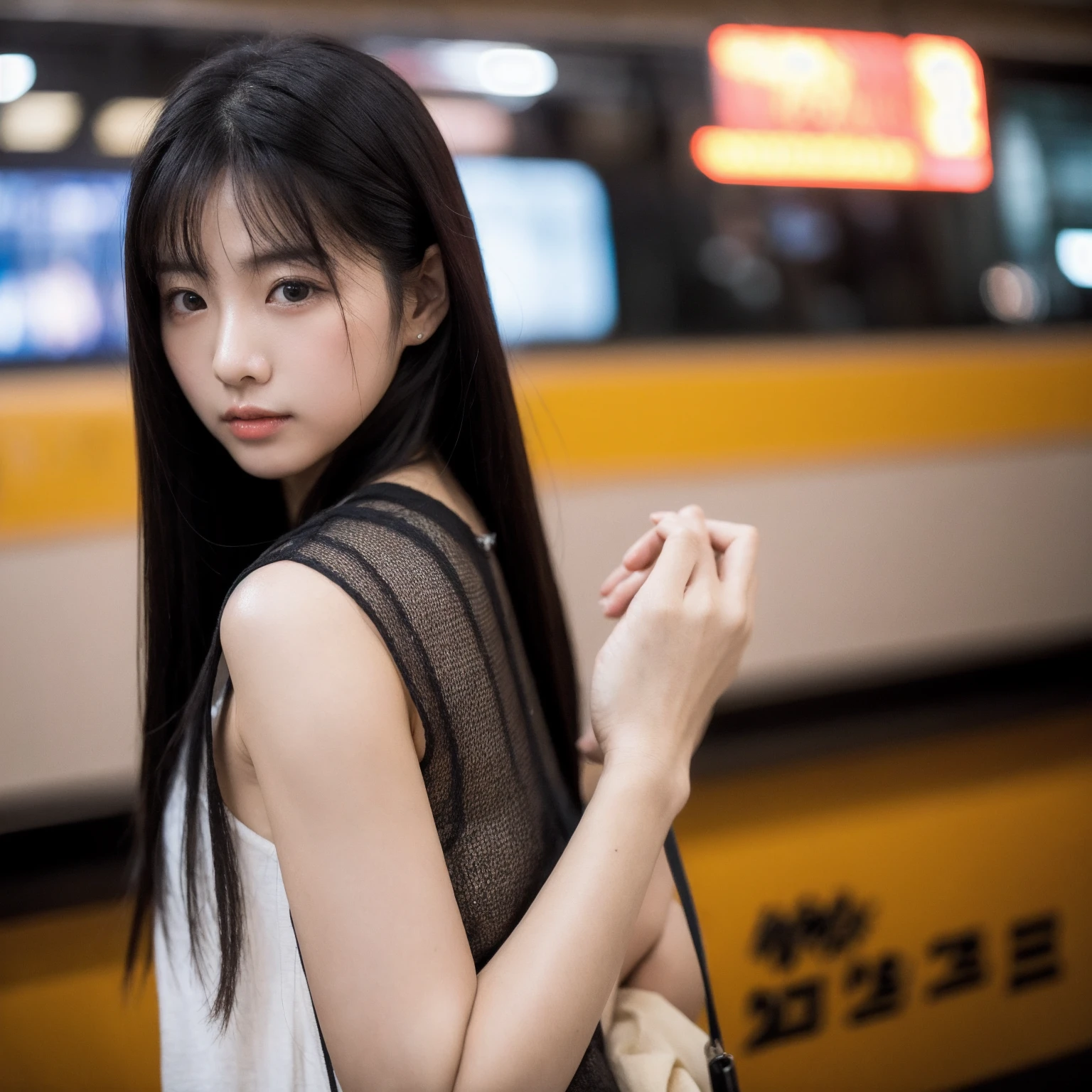Beautiful Korean fashion model photo bokeh train