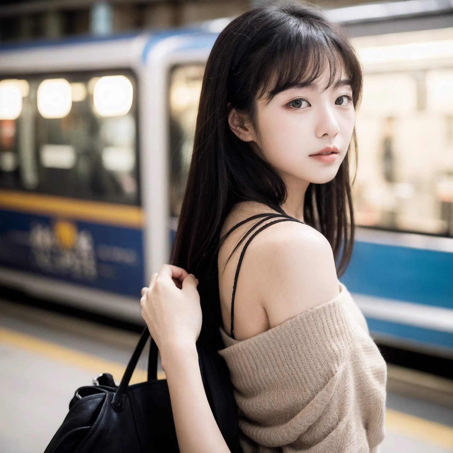 Beautiful Korean fashion model photo bokeh train