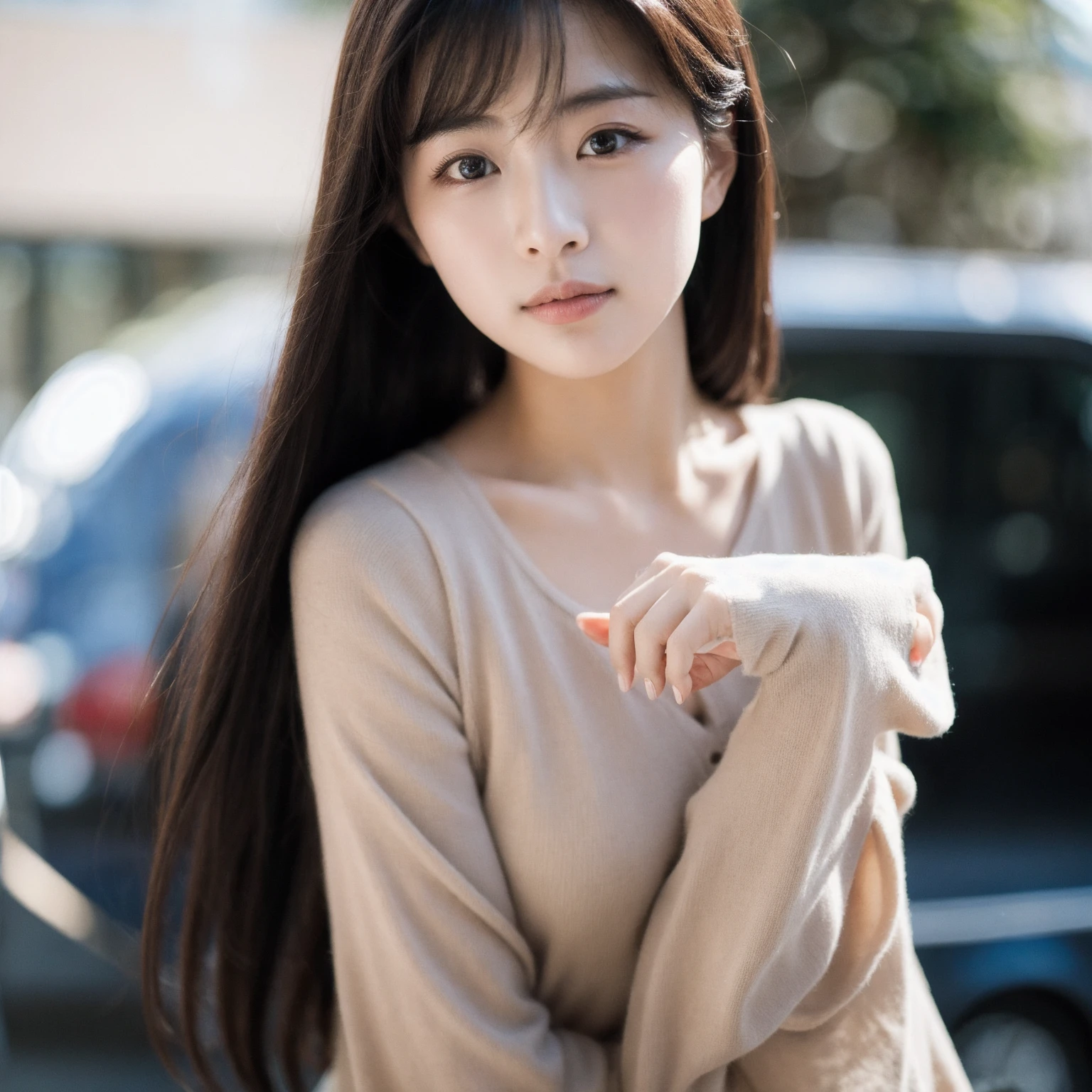 Beautiful Korean fashion model photo bokeh train