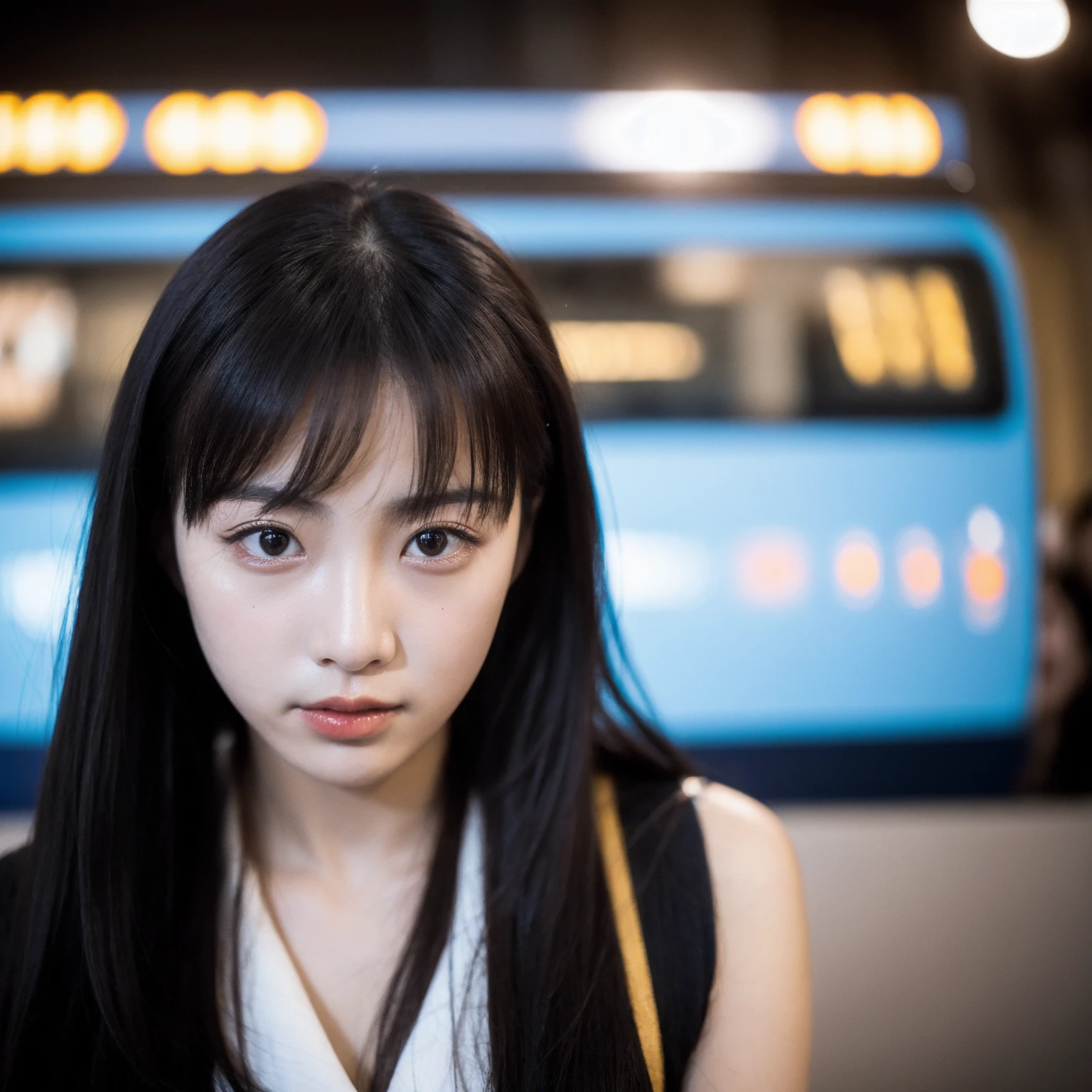 Cinematic Photo of a beautiful korean fashion model bokeh train