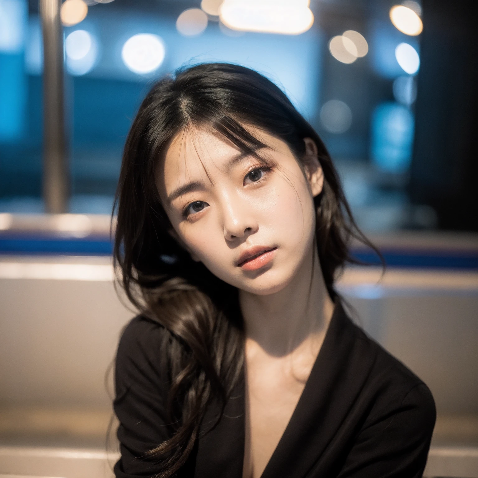 Cinematic Photo of a beautiful korean fashion model bokeh train