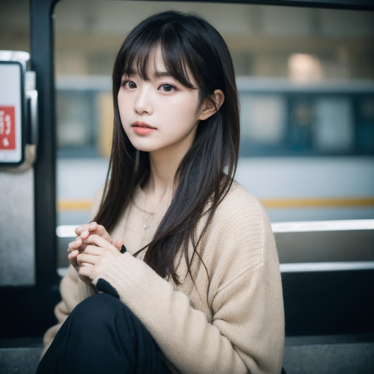 Cinematic Photo of a beautiful korean fashion model bokeh train