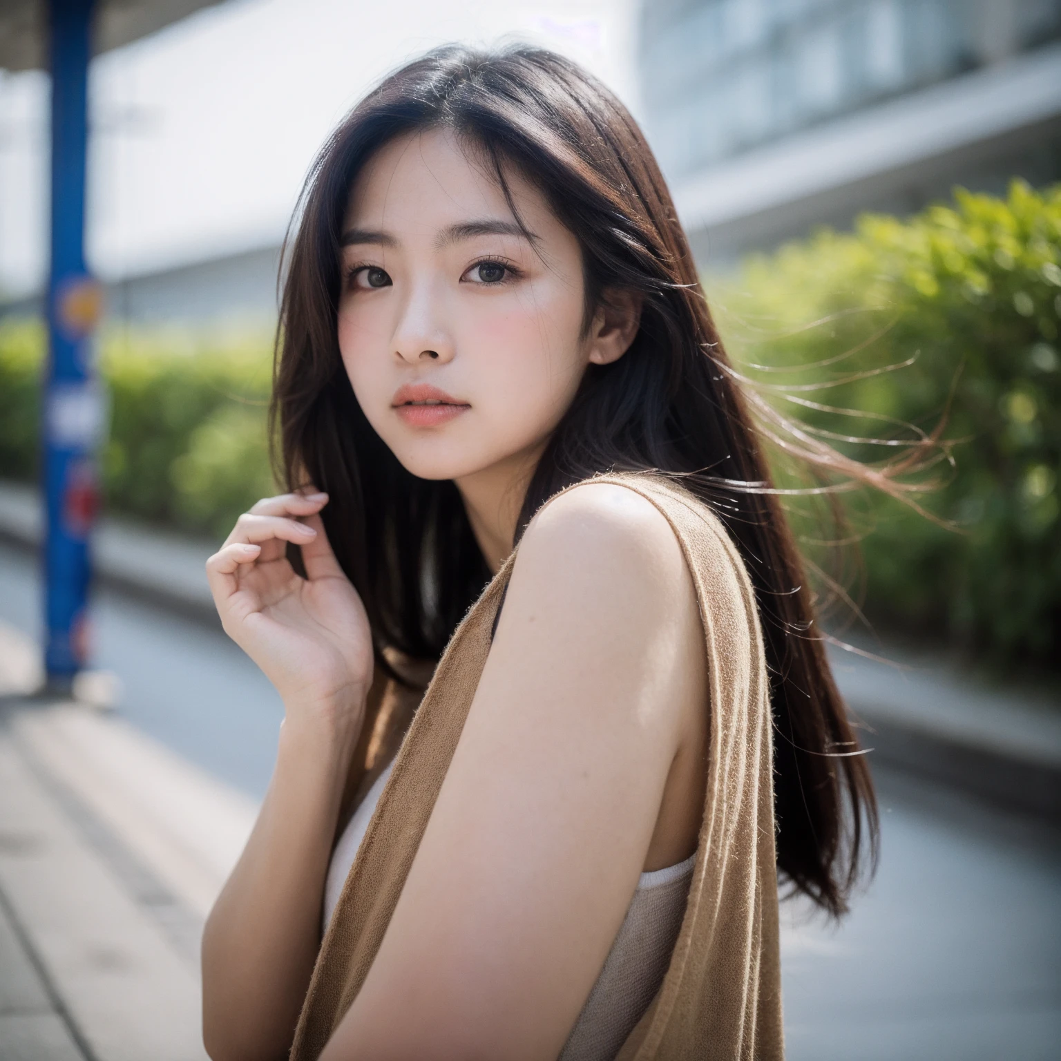 Cinematic Photo of a beautiful korean fashion model bokeh train