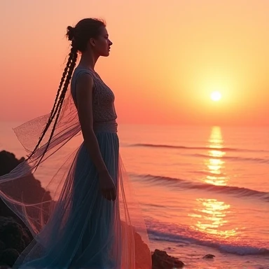 high quality，8k ultra high definition，美丽的Doubleexposure，Combining the silhouette of the goddess with the sunset coast， sunset coast should be used as the bottom background，Details are integrated into the silhouette of the goddess，Clear lines，The background is a monochromatic ，Focus sharp，Doubleexposure，Created by yukisakura，Gorgeous full color