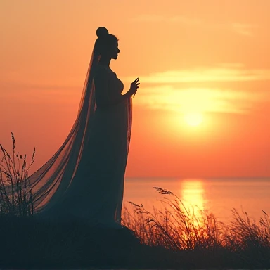 high quality,8k ultra high definition,美丽的Doubleexposure,Combining the silhouette of the goddess with the sunset coast, sunset coast should be used as the bottom background,Details are integrated into the silhouette of the goddess,Clear lines,The background is a monochromatic ,Focus sharp,Doubleexposure,Created by yukisakura,Gorgeous full color