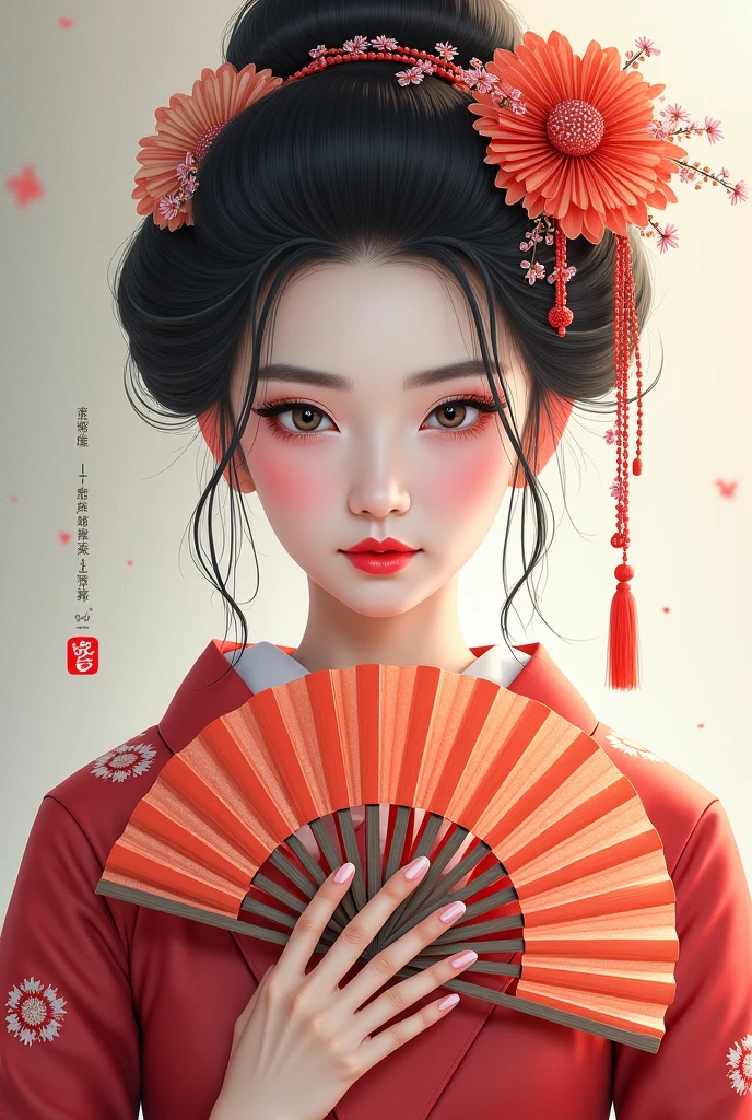 Hand held fan、Araf Woman Wearing a Wreath, Beautiful digital illustration, Fine art illustration, Stunning digital illustrations, Beautiful Digital Artwork, Inspired by Yoon Doo-ri, Digital illustration style, chinese empress, geisha portraits, beautiful fantasy empress, Beautiful digital illustration, Portrait of a beautiful geisha, geisha portraits