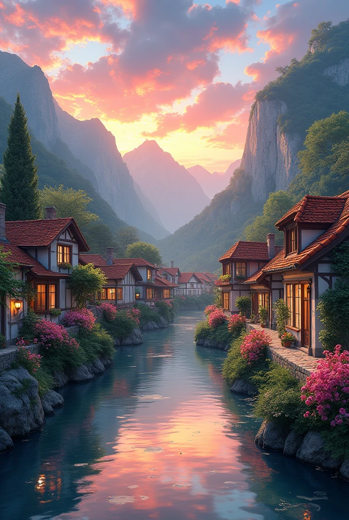 , a small riverside village，The background is mountains，Flowers bloom，vibrant with colors，Detailed scenery，Beautiful natural landscape，Ambiance Lighting，Scorching sunset，a warm color palette，utility，utility摄影，Delicate leaves，Complex architecture ， cobblestone streets ， charming country cottages ， swirling bright colors， dense vegetation ，Still water reflections，picturesque，Leisure and tranquility，artwork of a，Best quality，8k，Extremely detailed，anime style
