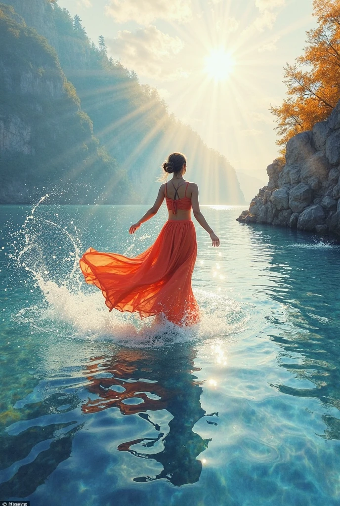 ( the watercolor style , The art of spectroscopy) + Overlooking the majestic river panorama + BACK OF COSTUME (Vista) + (flowing + Subtle reflection) + (blend + splash) + (The light and shadow are clear + SWING DYNAMIC)