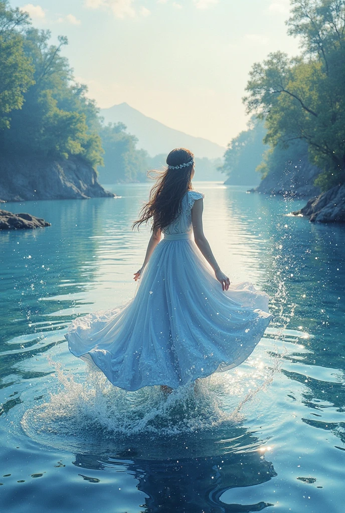 ( the watercolor style , The art of spectroscopy) + Overlooking the majestic river panorama + BACK OF COSTUME (Vista) + (flowing + Subtle reflection) + (blend + splash) + (The light and shadow are clear + SWING DYNAMIC)