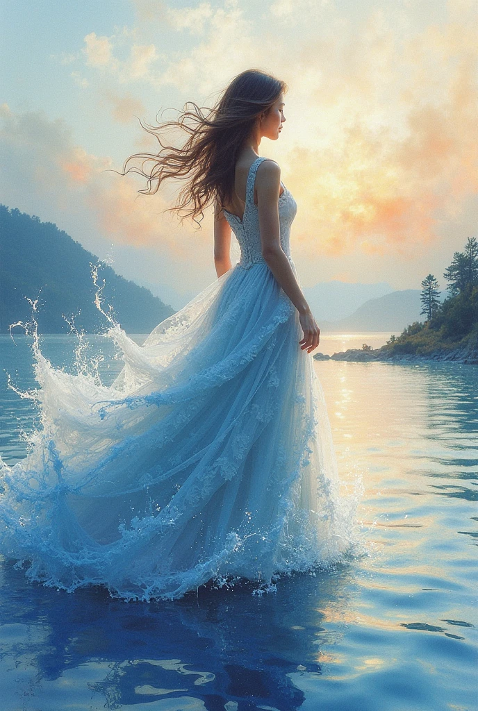 ( the watercolor style , The art of spectroscopy) + Overlooking the majestic river panorama + BACK OF COSTUME (Vista) + (flowing + Subtle reflection) + (blend + splash) + (The light and shadow are clear + SWING DYNAMIC)