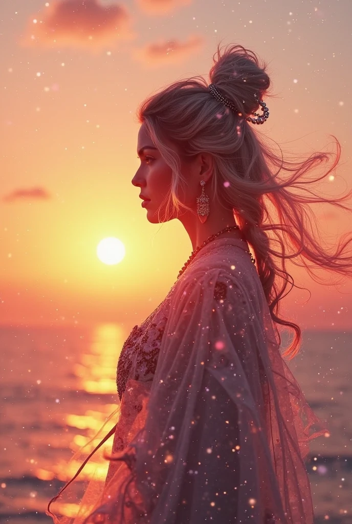 high quality,8k ultra high definition,美丽的Doubleexposure,Combining the silhouette of the goddess with the sunset coast, sunset coast should be used as the bottom background,Details are integrated into the silhouette of the goddess,Clear lines,The background is a monochromatic ,Focus sharp,Doubleexposure,Created by yukisakura,Gorgeous full color