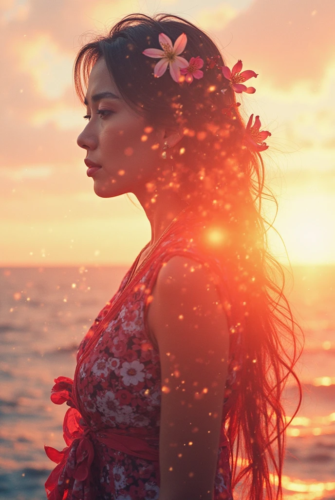 high quality,8k ultra high definition,美丽的Doubleexposure,Combining the silhouette of the goddess with the sunset coast, sunset coast should be used as the bottom background,Details are integrated into the silhouette of the goddess,Clear lines,The background is a monochromatic ,Focus sharp,Doubleexposure,Created by yukisakura,Gorgeous full color