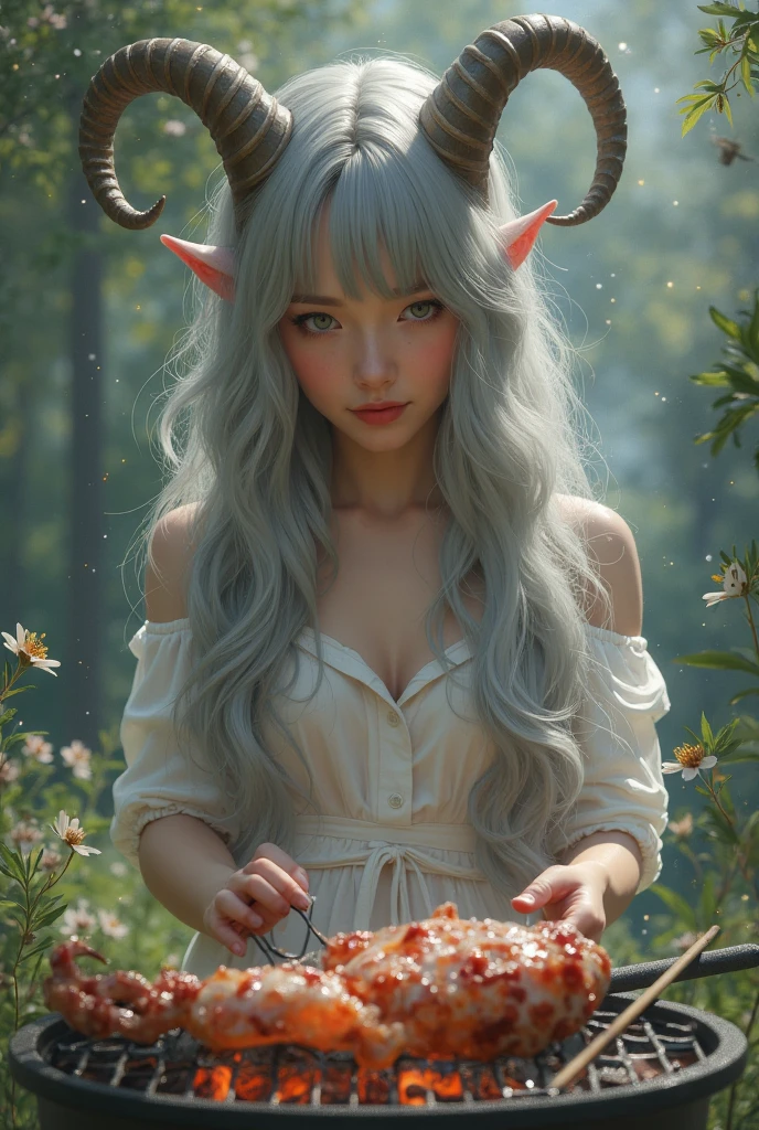 beautiful young girl, gray hair, Capricorn horns , Make a barbecue