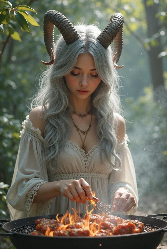 beautiful young girl, gray hair, Capricorn horns , Make a barbecue
