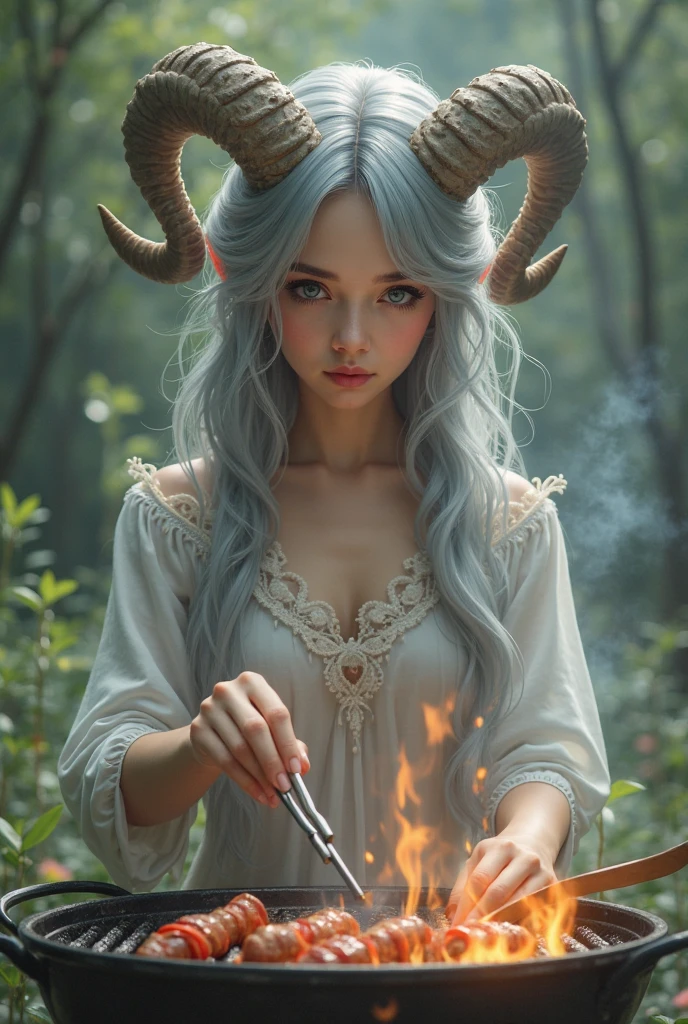beautiful young girl, gray hair, Capricorn horns , Make a barbecue