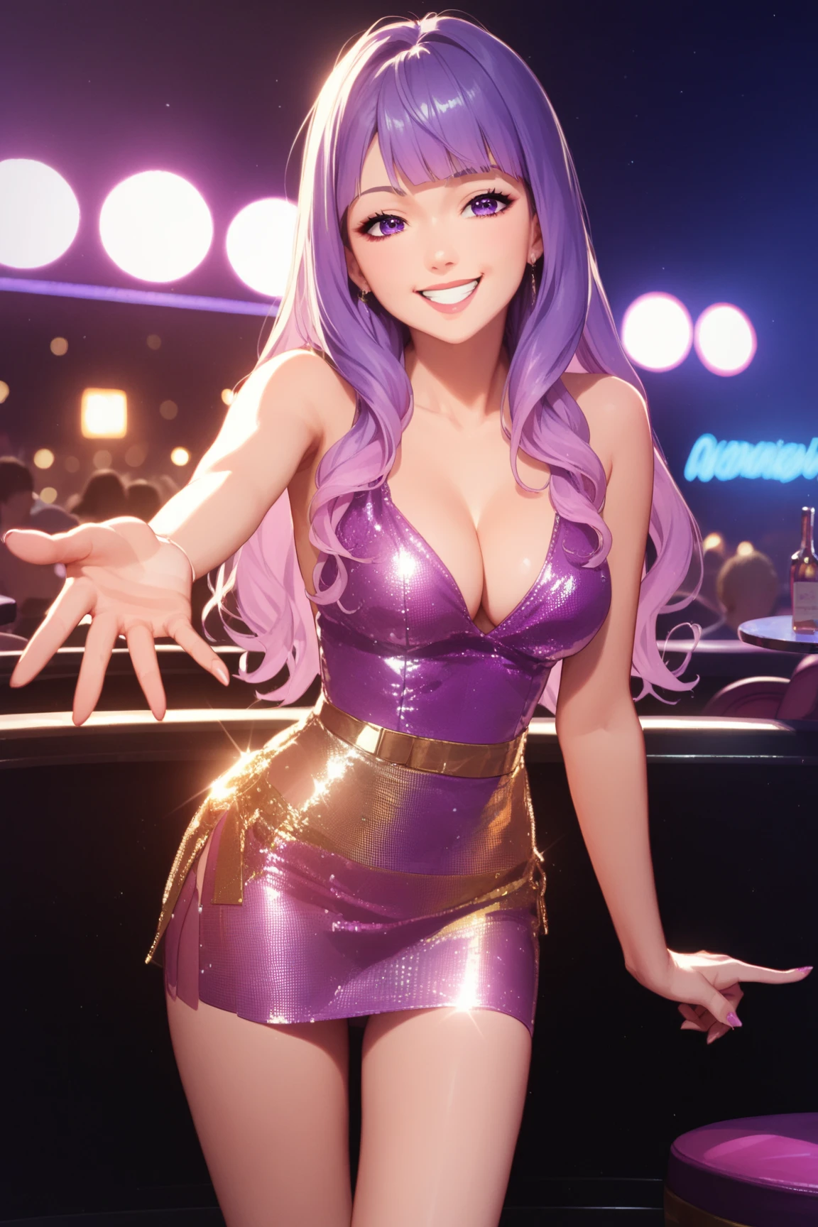 Rating 9,rating 8 or higher,rating 7 or higher,Best quality,masterpiece,anime screenshot,Anime coloring,nikki, long hair,Pink and purple gradient hair color,Purple eyes,By bangs,solo person,disco skirt,mini-skirts,Positive perspective,cleavage,forward leaning,mini-skirts,Night,One hand in the hair,upper legs,looking at the audience,upper legs间隙,Smile ,mini-skirts,The light from the back window is backlighted,hand reaching out towards viewer,The lens is up,Panties are gone,nightclub,neonlight,Smile