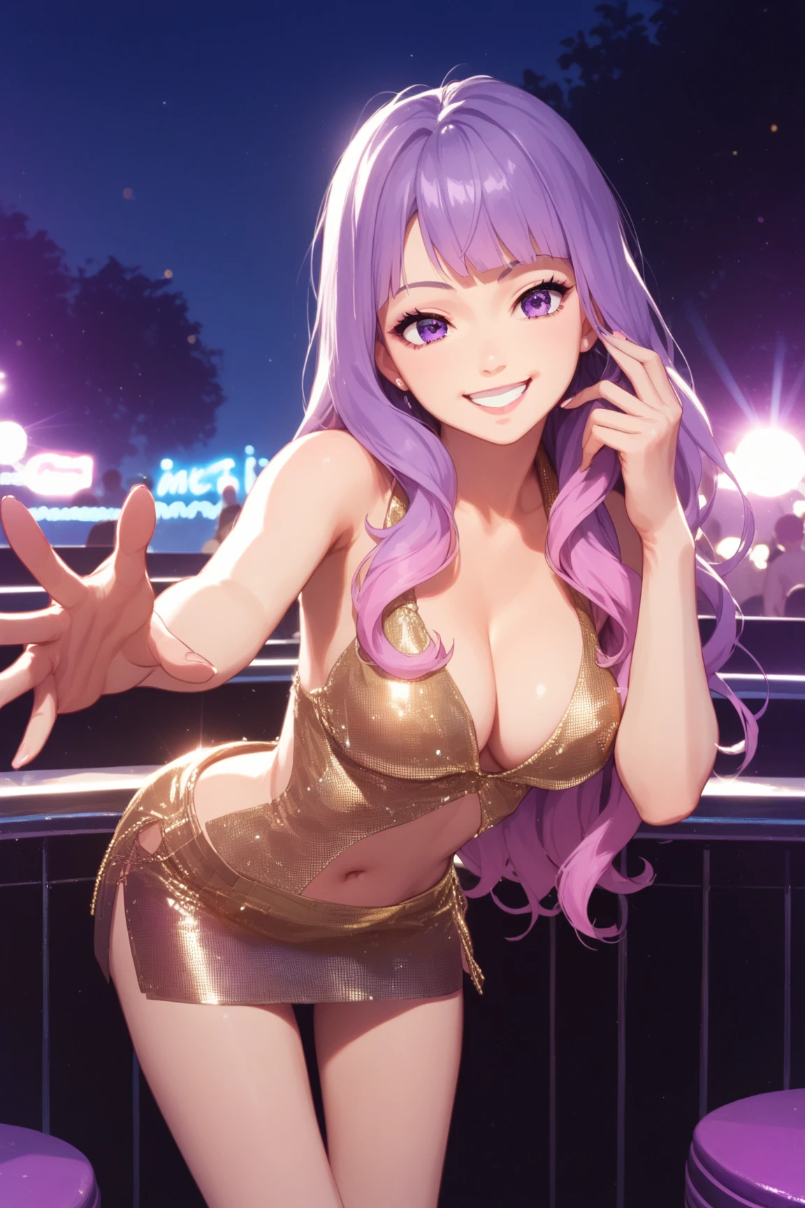 Rating 9,rating 8 or higher,rating 7 or higher,Best quality,masterpiece,anime screenshot,Anime coloring,nikki, long hair,Pink and purple gradient hair color,Purple eyes,By bangs,solo person,disco skirt,mini-skirts,Positive perspective,cleavage,forward leaning,mini-skirts,Night,One hand in the hair,upper legs,looking at the audience,upper legs间隙,Smile ,mini-skirts,The light from the back window is backlighted,hand reaching out towards viewer,The lens is up,Panties are gone,nightclub,neonlight,Smile
