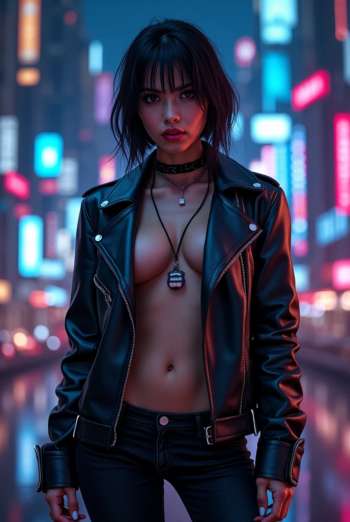 portrait of emb-haiz, pretty face, Cyberpunk city by night. She is wearing a leather open jacket,underdressing, Black Jeans, dramatic lighting, (police badge:1.2).