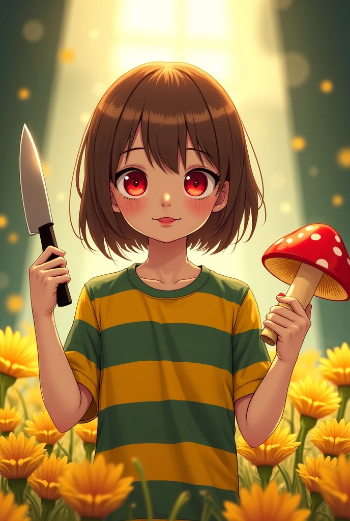 Red Eyes, girl, holding a knife, Yellow-green striped shirt,The stripes are thicker, Red Eyes闪着红光, head tilted, Short brown hair mushroom head, with a bright smile on its face, Algae , 2-dimensional, standing in a golden flower ,There is a beam of light overhead